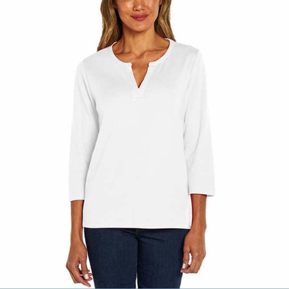 White NWT Orvis Ladies' ¾ Sleeve Split Neck Pima Cotton Top - Picture 2 of 5